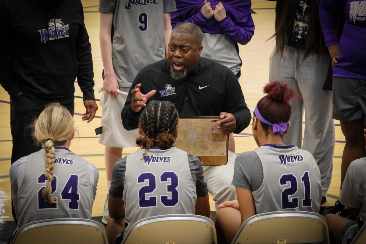 JJC Women's Basketball Head Coach Shaun Sanderson coaching his team during a timeout on Feb. 21, 2026. The Wolves came up short to Triton College 77-66.