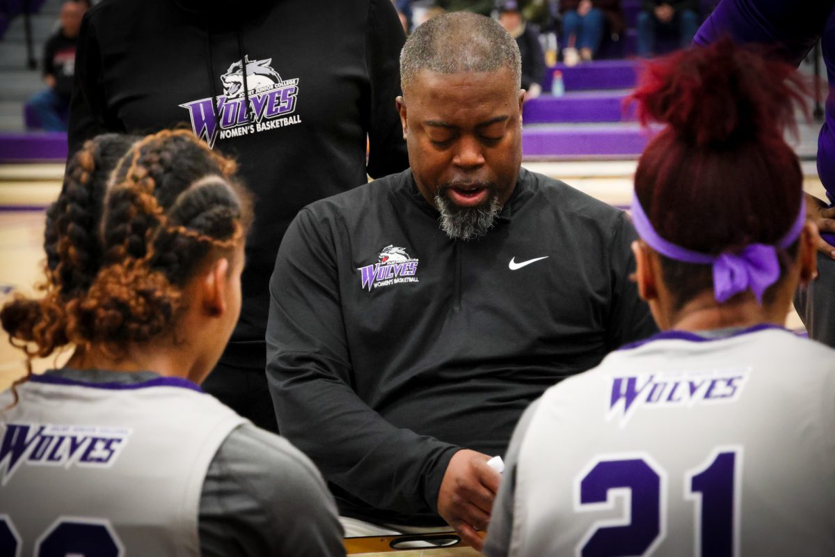 JJC Women's Basketball Head Coach Shaun Sanderson coaching his team during a timeout on Feb. 21, 2026. The Wolves came up short to Triton College 77-66.