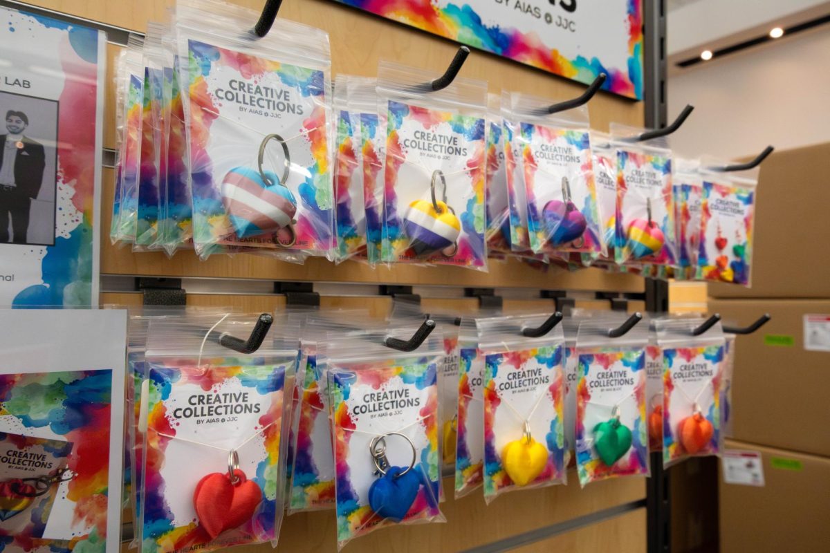 The bookstore's display of the Creative Collections Pride line made by the JJC chapter of American Institute of Architecture Students.
