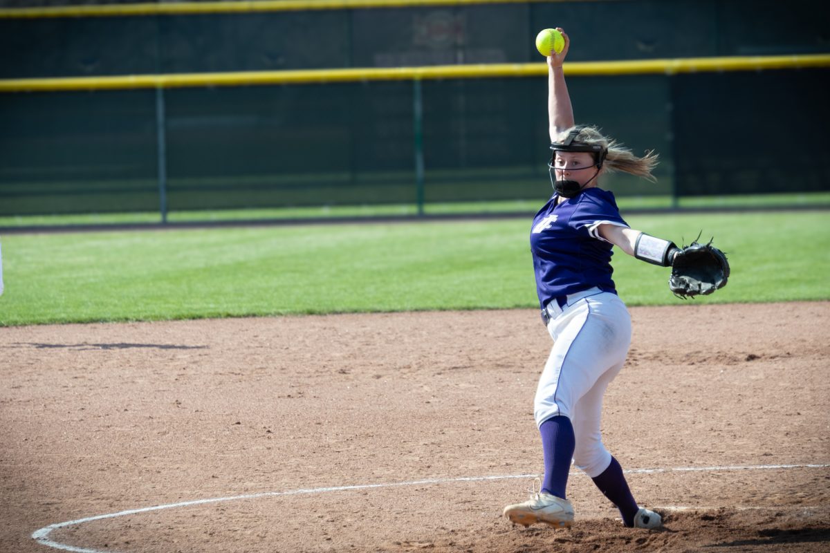 Sophomore Karli McMillin pitching against Oakton College on March 3, 2026. McMillin pitched 7 innings and had 2 strikeouts and let up 1 hit. She also put up a RBI at the plate. The Wolves took the victory 5-0.