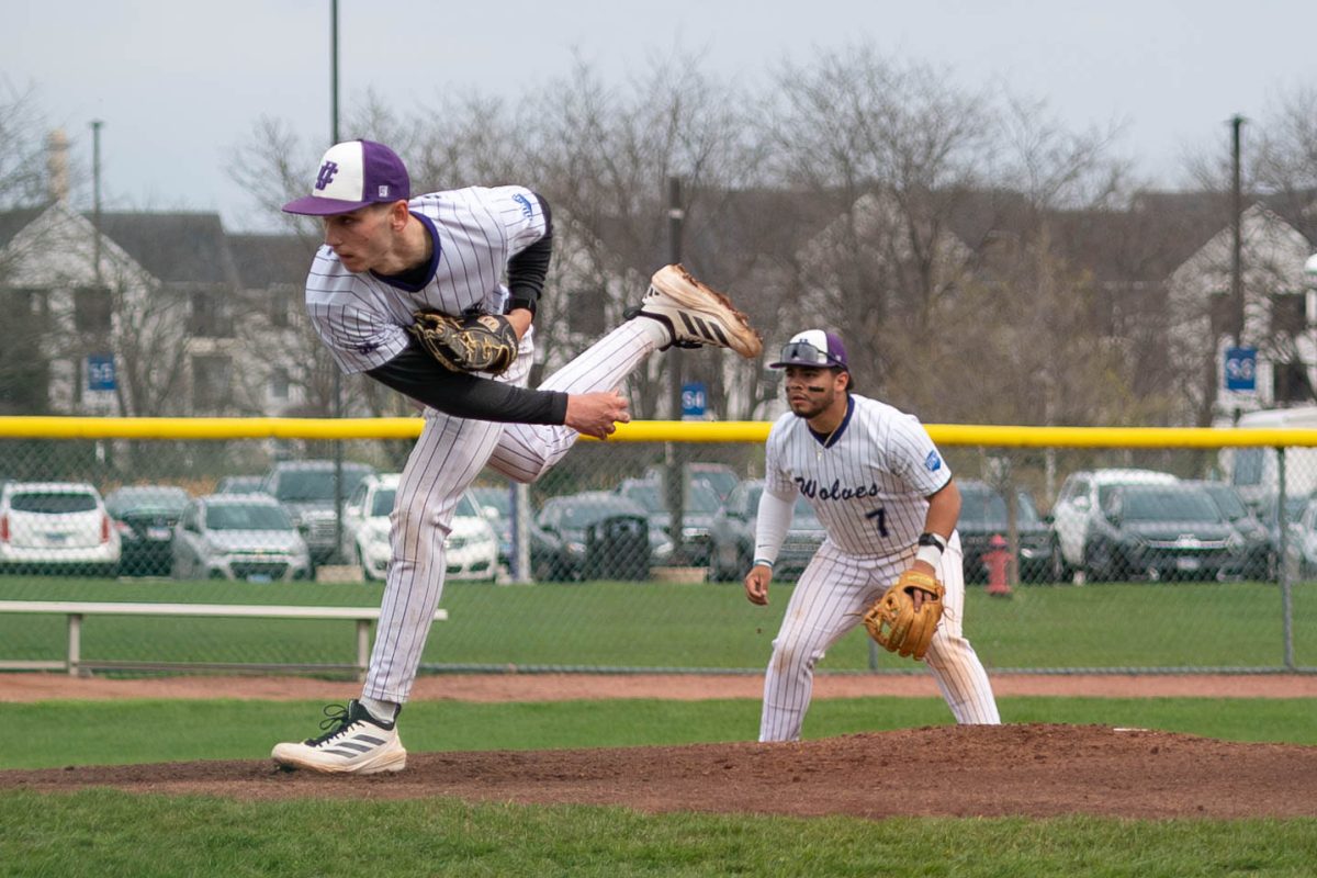 Sophomore Ryan Hindahl pitching on Thursday, April 9, 2026 during a Baseball game against vs South Suburban College. The Wolves won 8-2.