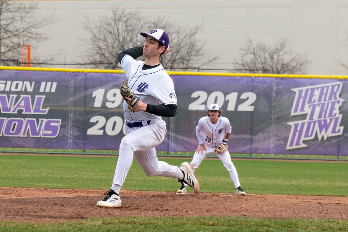 Sophomore Ryan Hindahl pitching the ball on Tuesday, March 24, 2026 in a Baseball game against Kankakee Community College. The Wolves won 4-3.