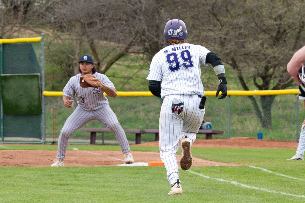 Sophomore Max Miller running bases on Thursday, April 9, 2026 during a Baseball game against vs South Suburban College. The Wolves won 8-2.