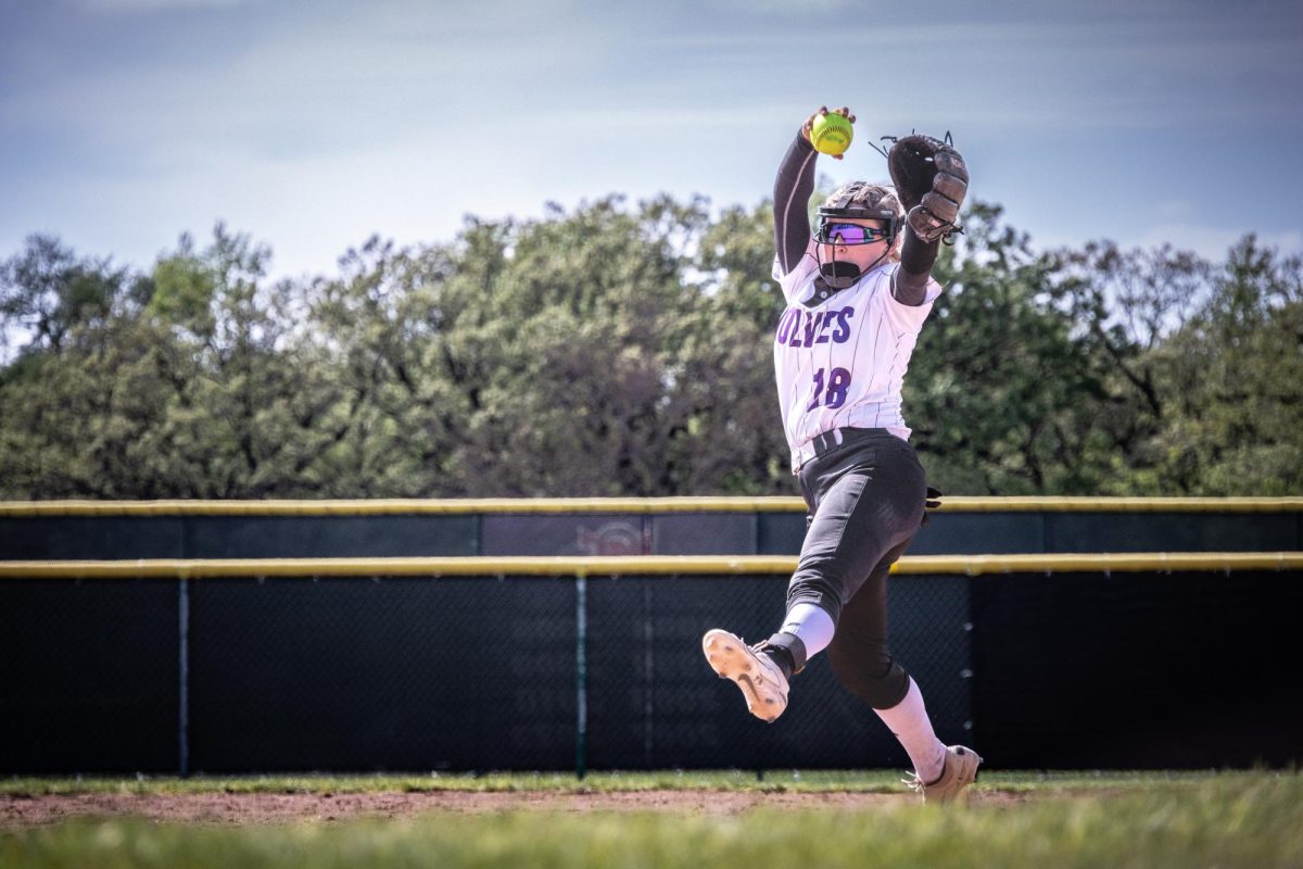 Sophomore Karli McMillin throwing a pitch on April 28, 2026. The Wolves captured the victory against Kishwaukee College in 5 innings 10-0.