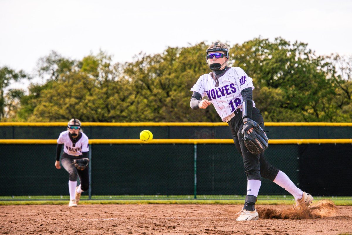Sophomore Karli McMillin throwing a pitch on April 28, 2026. The Wolves captured the victory against Kishwaukee College in 5 innings 10-0.
